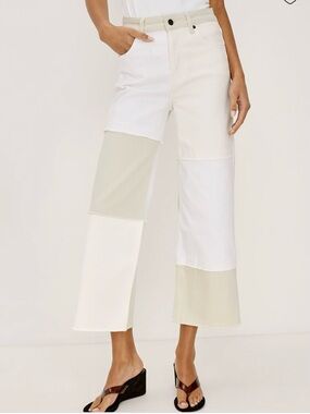 Rails Two-Tone Patchwork Wide-Leg Jeans in White and Cream Sz 32   Bx3